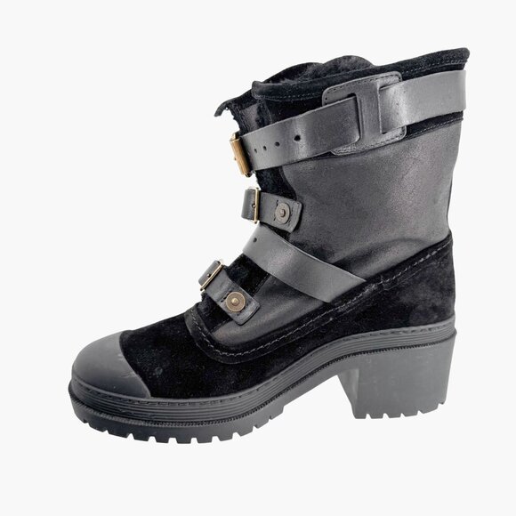 Burberry Aviator Dukes Boots EU 38 US 8 Black Suede Fur Lined Moto Biker Harness - Picture 11 of 14